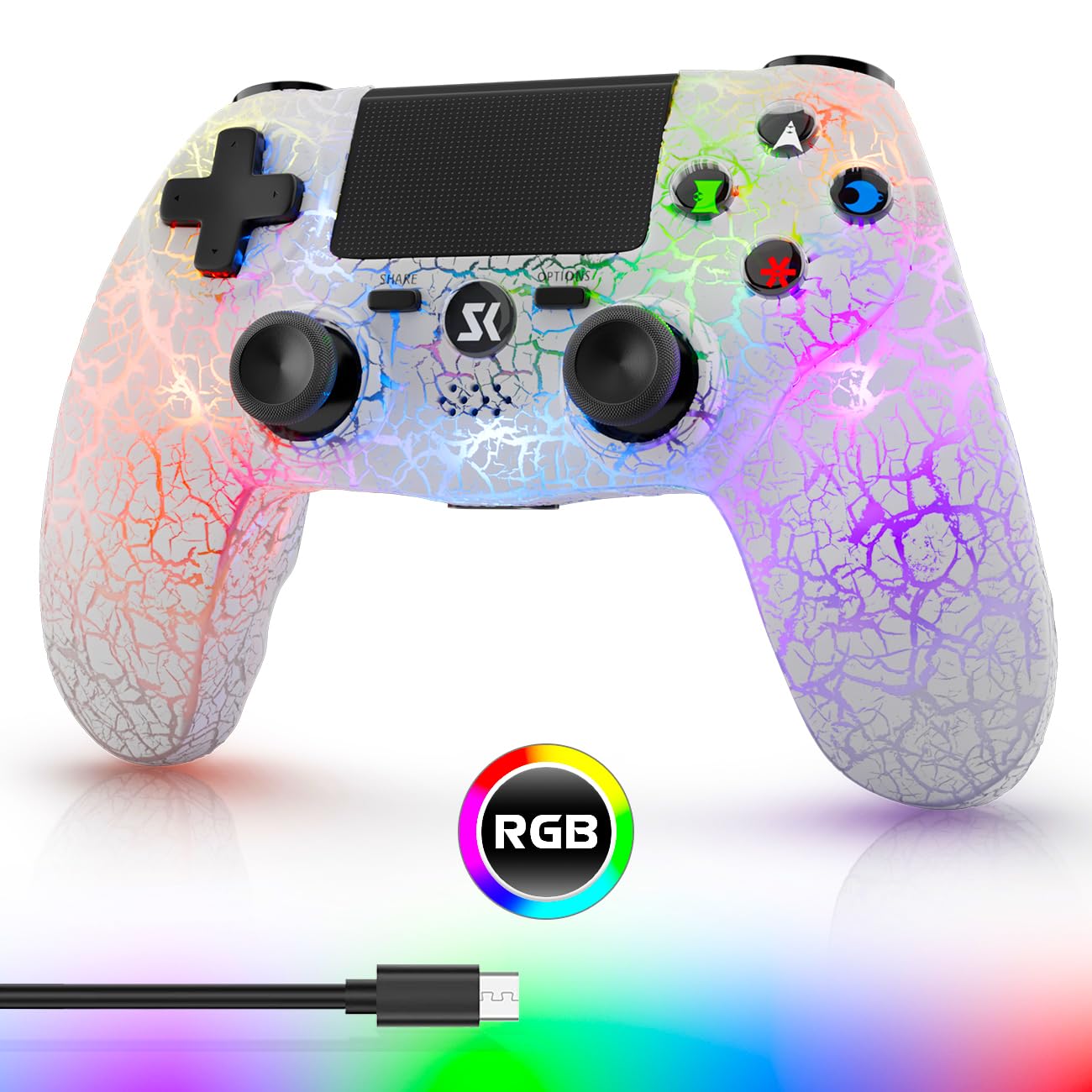 Wireless Controller for PS4  LED Backlit Controller for PS4/Pr/Slim  1000mAh Battery  Double Shock 6-Axis Motion Sensor  Built-in Speaker & 3.5mm Headphone Jack  Adjustable RGB Backlight  White