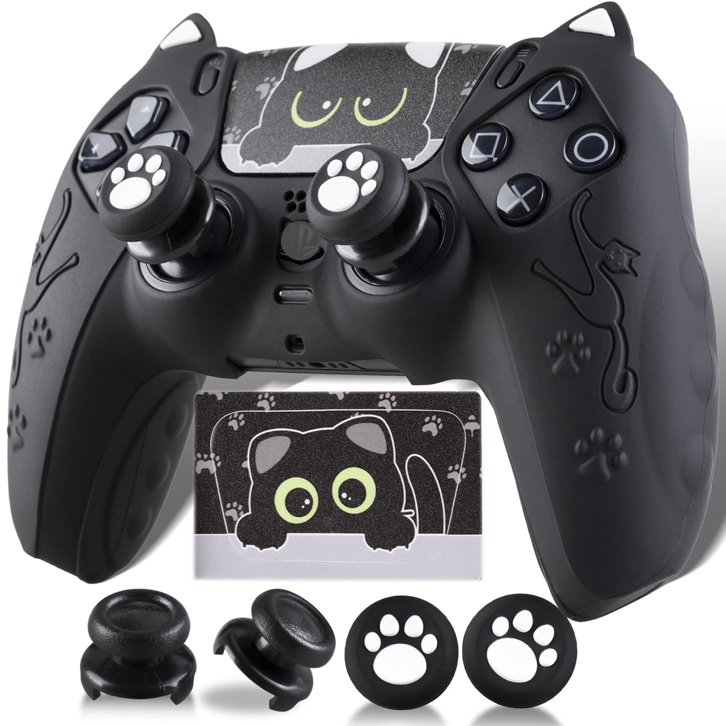 PlayRealm Silicone Skin Cover Sticker x 1 & Extender Grips x 2 for PS5 Controller Cats Black