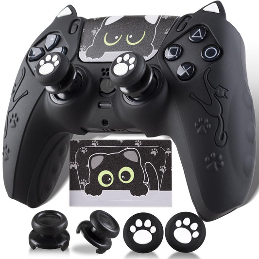 PlayRealm Silicone Skin Cover Sticker x 1 & Extender Grips x 2 for PS5 Controller Cats Black