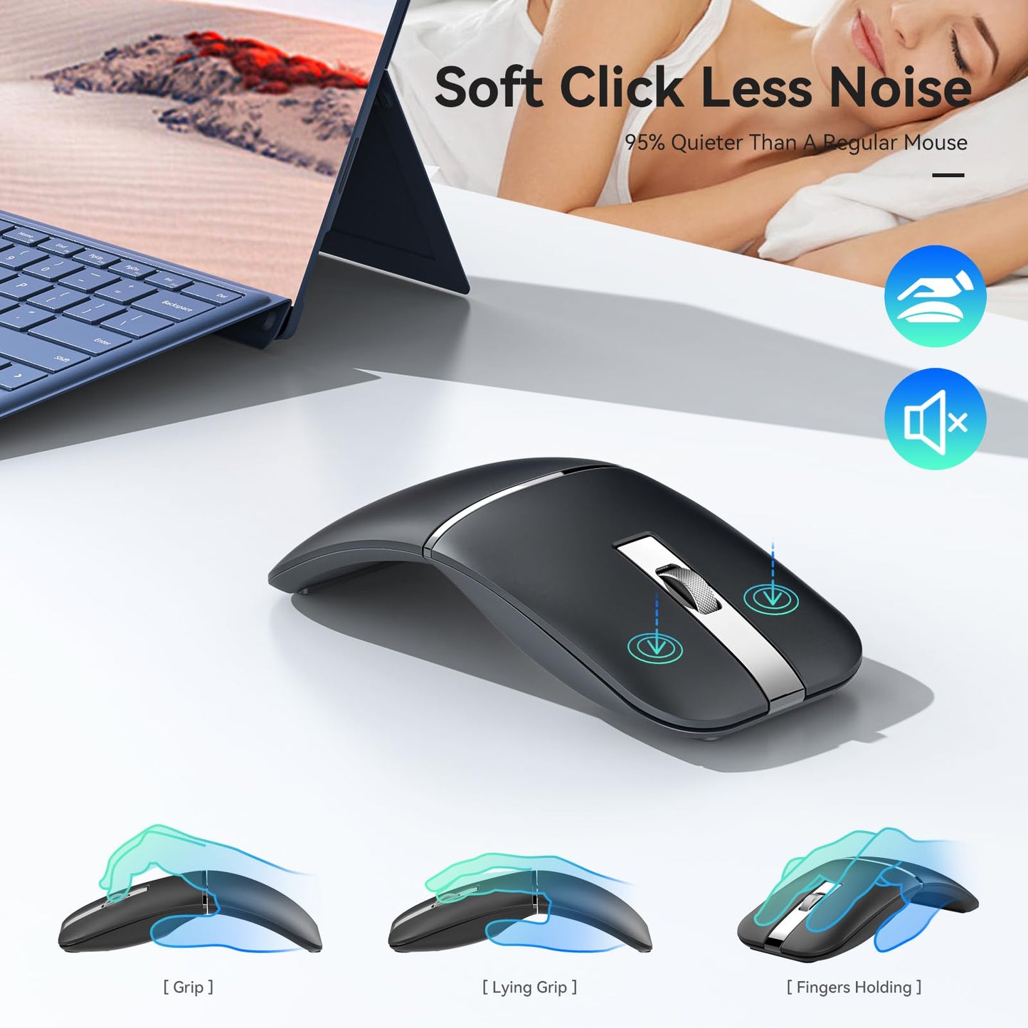 WFB Wireless Arc Mouse - Bluetooth Rechargeable, Ultra Slim, 3 DPI, Black