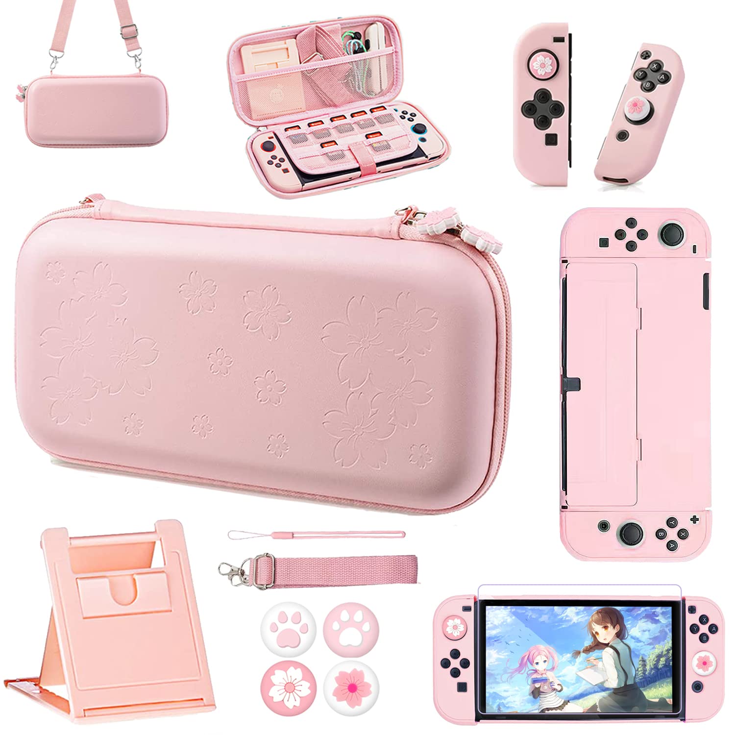 OLDZHU Pink Tpartyl Carrying Case Accessories Kit Compatible with Nintendo Switch OLED 2021 10 in 1 Protection Kits with Hard Protective Cover Glass Screen Protector Adjustable Stand Thumb Grip Caps