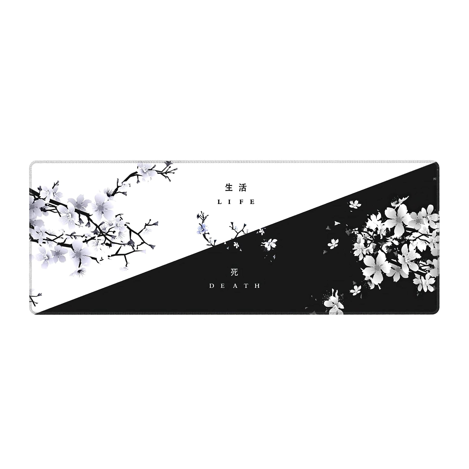 Black White cherry Blossom Mouse Pad Japanese Sakura Death Life Flower Extended Desk Mat 80X30 cm Non-Slip Rubber Base Stitched Edge Large XL Playmat for Keyboard gaming Laptop Desktop 315A118 Inch