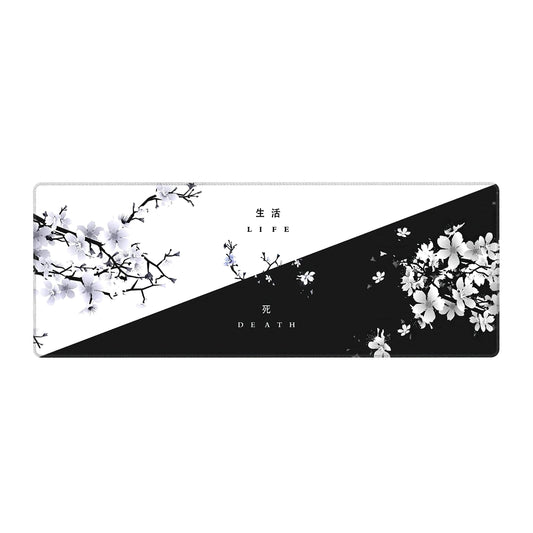 Black White cherry Blossom Mouse Pad Japanese Sakura Death Life Flower Extended Desk Mat 80X30 cm Non-Slip Rubber Base Stitched Edge Large XL Playmat for Keyboard gaming Laptop Desktop 315A118 Inch