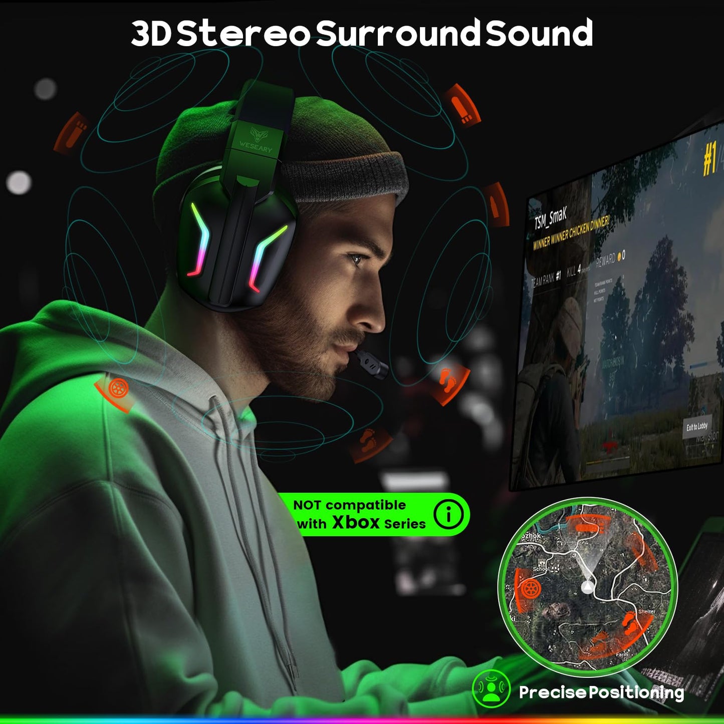 WESEARY Wireless Gaming Headset WG1 - 2.4GHz, ENC Mic, Bluetooth 5.4, 50H Battery, Grass Green, Compatible with PC, PS5, PS
