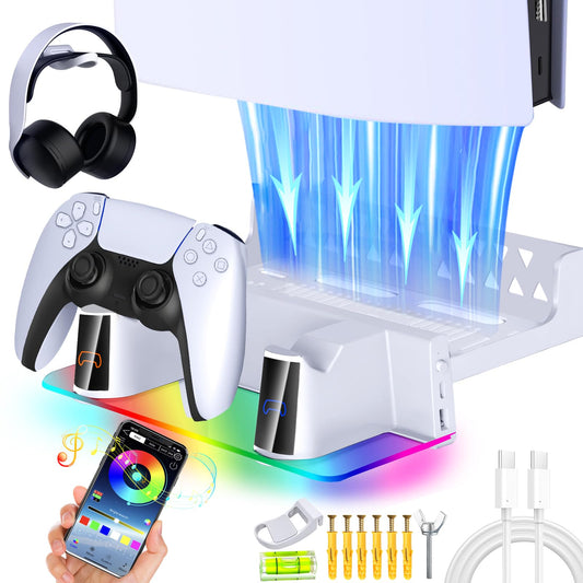 WAYCOM PS5 Wall Mount Kit with Charging Station RGB LED Light for Both PS5  New PS5 Pro and PS5 Slim Consoles Disc & Digital  Fast Dual Controller Chargers  Steel Wall Stand  and Headphone Hanger