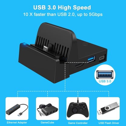 Ukor TV Docking Station for Nintendo Switch - Portable HDMI Adapter with Extra USB 3.0 Port, Black Charging Stand