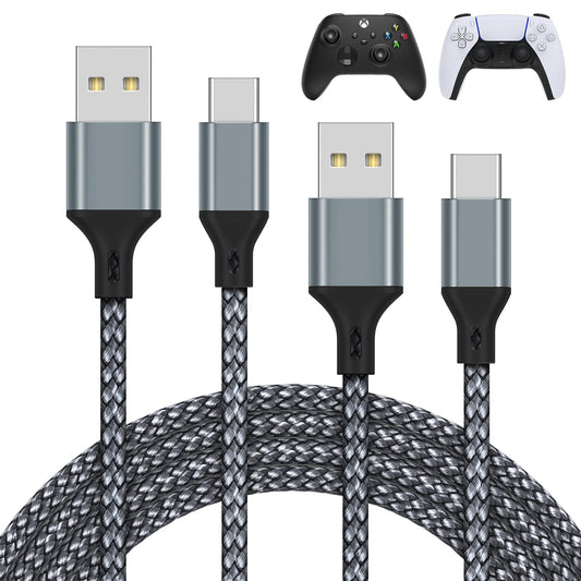 MENEEA Charger Charging Cable for PS5/PS5 Pro Controller for Xbox Series X/Xbox Series S for Nintendo Switch 2 Pack 10FT Replacement USB C Cord Nylon Braided Type-C Ports Accessories Kit Grey