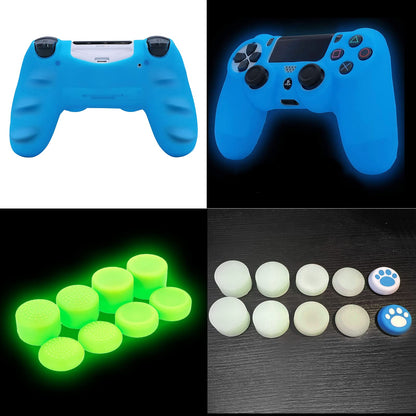 HLRAO PS4 Controller Skin - Glow Blue Silicone Grip Case with 8 Glow in Dark Thumb Grips + 2 Cat Paw Caps - Model SM-944