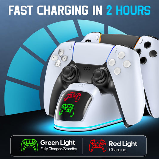 Rysker PS5 Controller Charger - Dual Charging Dock with RGB Light, Fast Charging for Dualsense & Edge, White