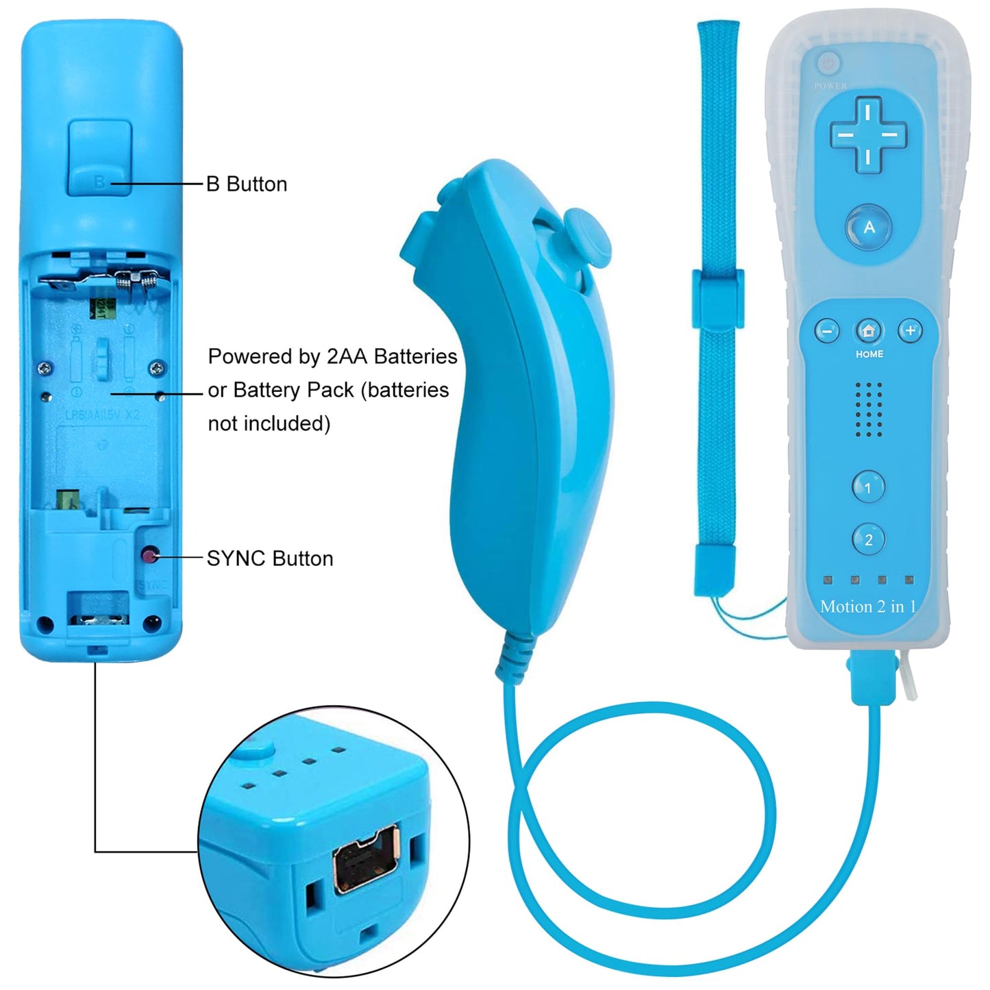 ECRABONE Wii Nunchuck Remote Controller 2 Pack with Motion Plus, Shock Function, Black & Blue