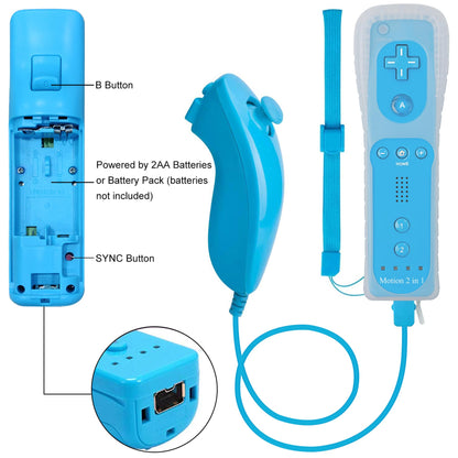 ECRABONE Wii Nunchuck Remote Controller 2 Pack with Motion Plus, Shock Function, Black & Blue