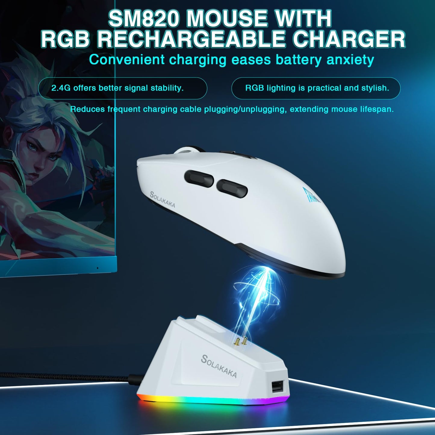 SOLAKAKA SM820 Wireless Gaming Mouse - 24000 DPI, RGB Charging Dock, Programmable Macro, White