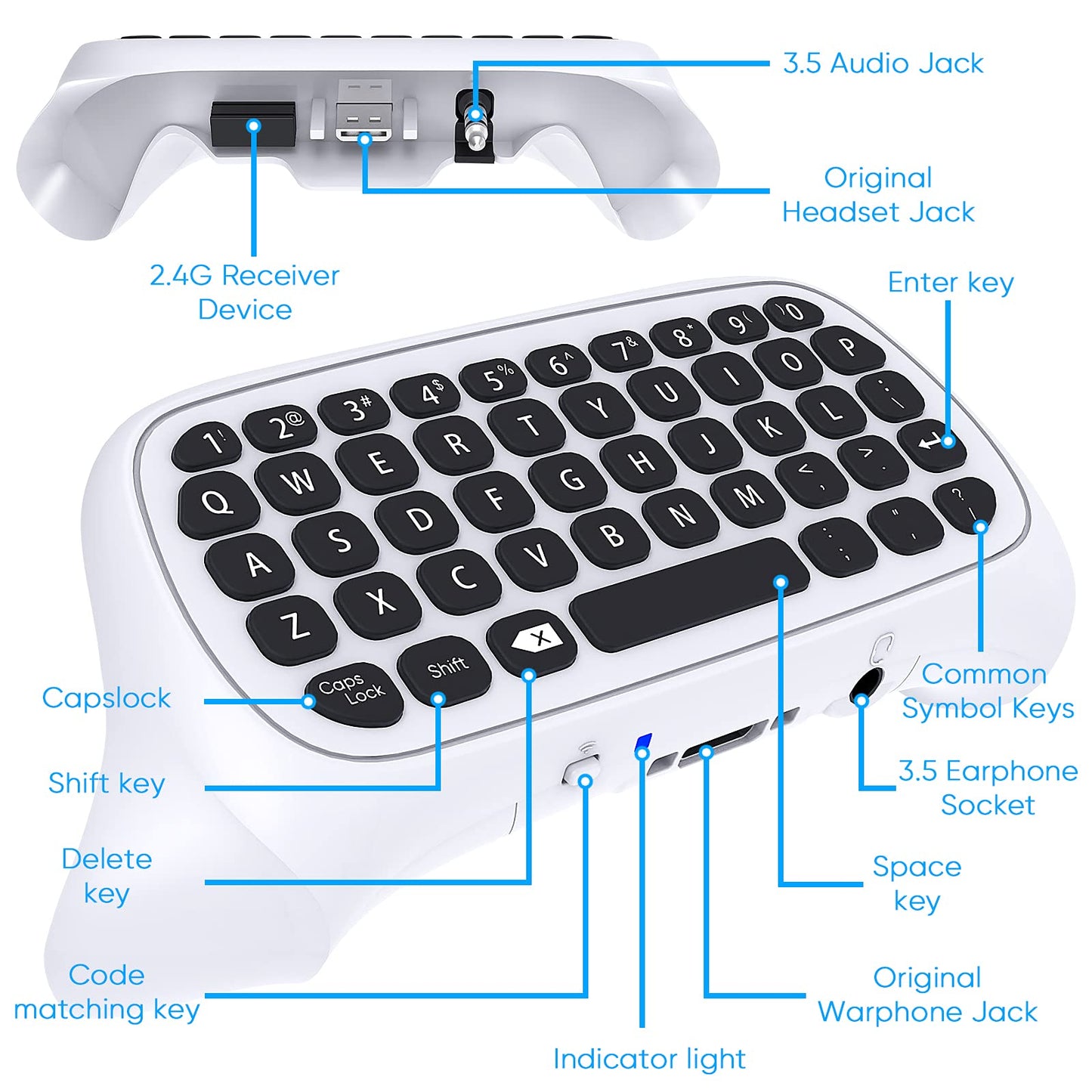 FYOUNG Mini QWERTY Controller Keyboard for Xbox Series X/S - 2.4GHz, White, with Audio/Headset Jack (Model TYX-586S)