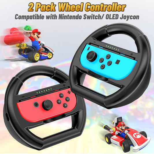 Shadowin Racing Wheels for NS & OLED Joy-Cons - Twin Pack Black for Mario Kart 8 Deluxe
