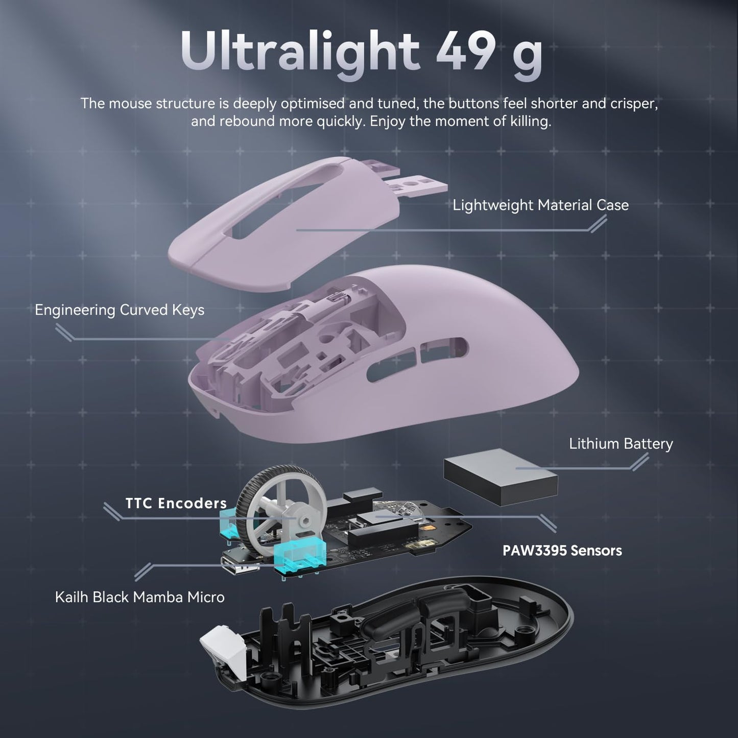 MANBASNAKE ATTACK SHARK X3 Wireless Gaming Mouse - 49g, 26K DPI, 200h Battery Life, Ergonomic Design, Lavender Color