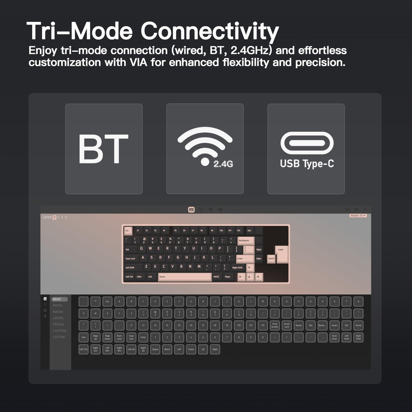 KEEBMONKEY WOBKEY 75% Mechanical Keyboard - Triple-Mode, RGB, Violet Switch, Black, Standard - Black V2