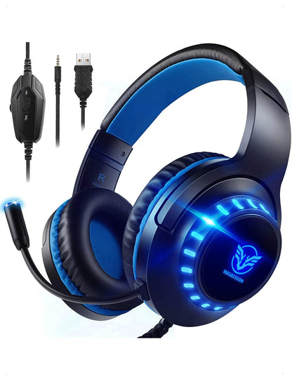Pacrate H-11 Gaming Headset - Noise Cancelling, LED Lights, PS5/PS4/Xbox/PC, Black Blue