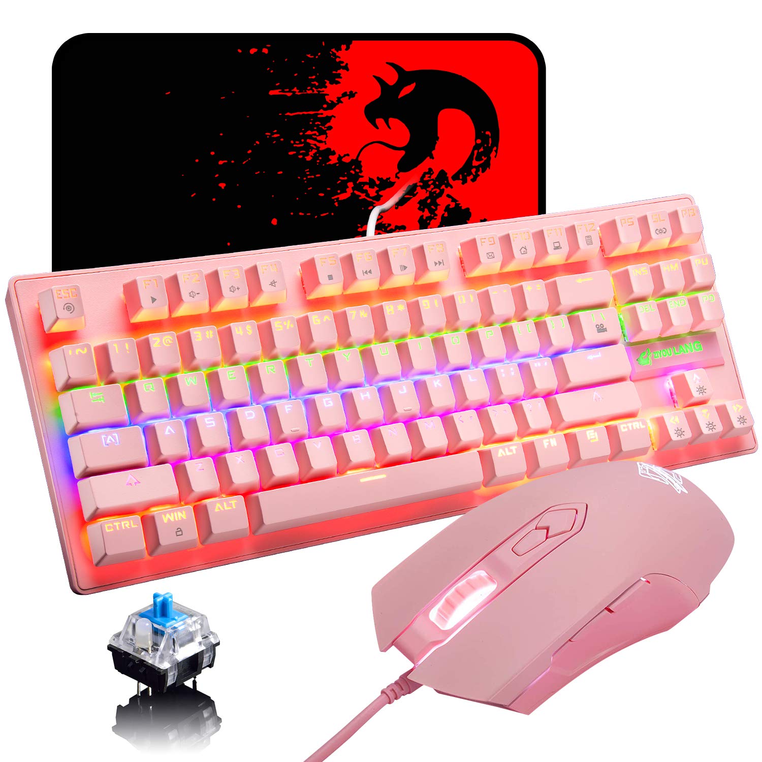 LexonElec K2 Mechanical Gaming Keyboard & Mouse Combo, 82 Keys, Blue Switch, Rainbow LED, Pink, Lightweight, 6400DPI Optical Mouse