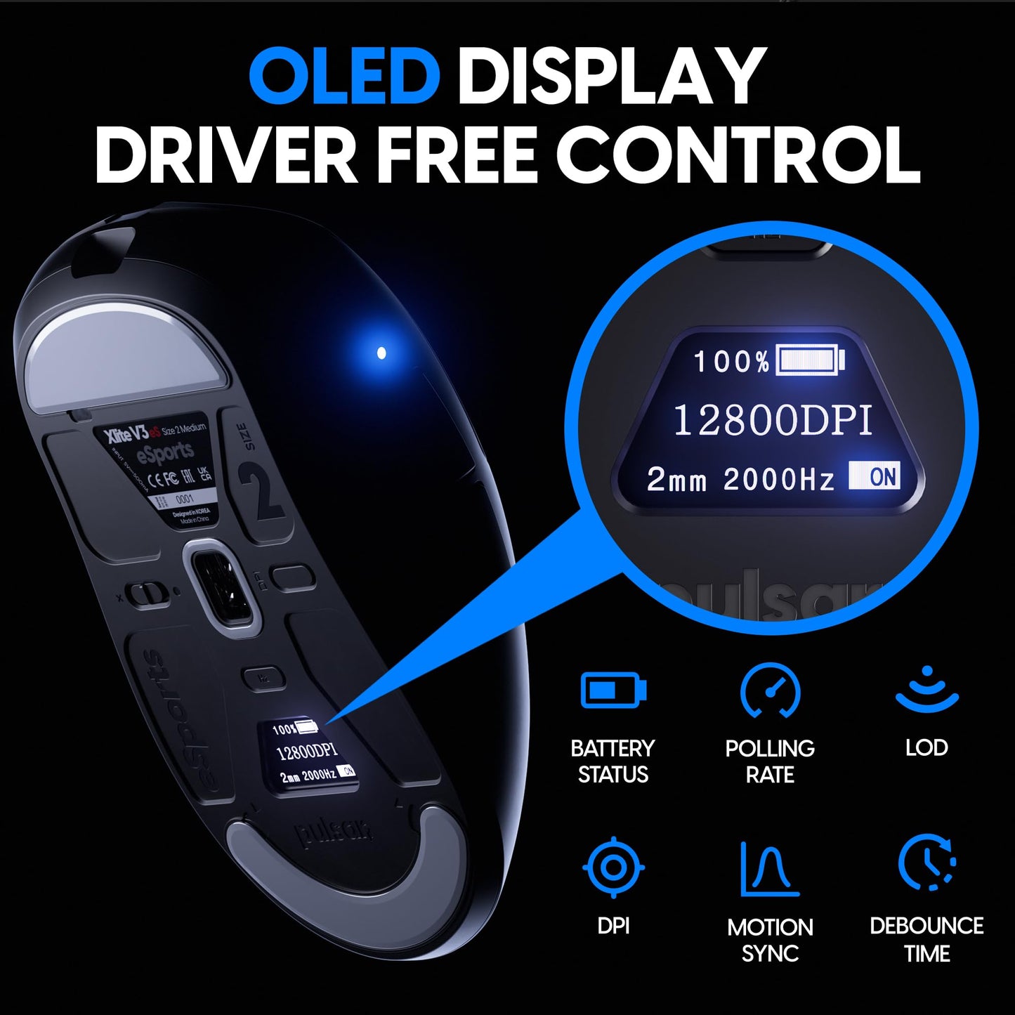 Pulsar Gaming Gears Xlite v3 ES Wireless Gaming Mouse, Ergonomic, Optical Switch, 100H Battery, Medium, Black