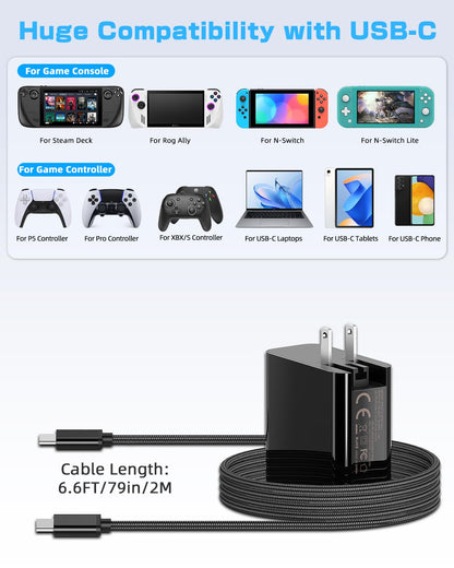Klipdasse USB C Charger 65W Fast Power Adapter with Foldable Plug for Steam Deck, Switch, PS5, Laptop - Includes 6.5ft Type C to C Cable