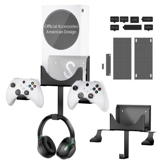 Wall Mount Kit with Detachable 2 Controller Holder & 1 Headphone Hanger & Dust Plugs Net Kits  Metal Wall Mount Stand Compatible with Xbox Series S  Black