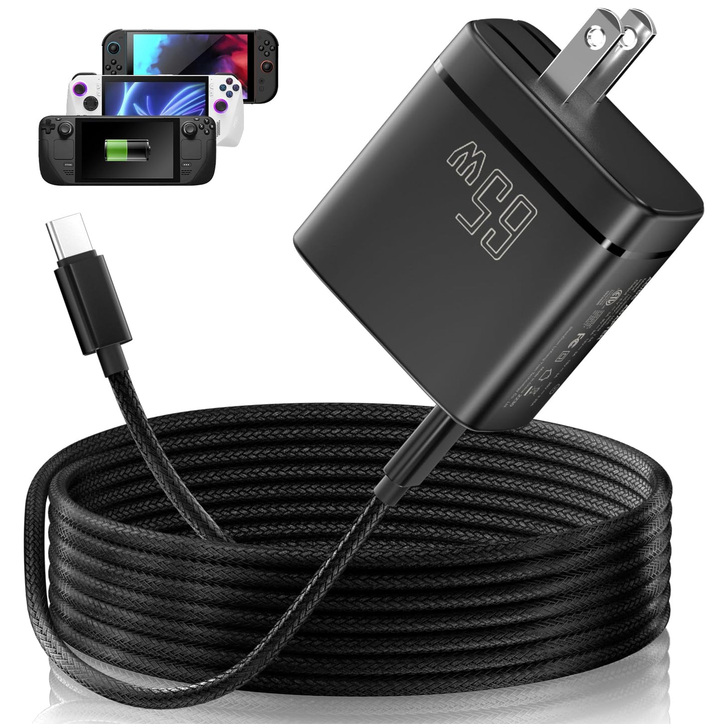 CloudValley 65W AC Charger for Nintendo Switch & Steam Deck - GaN PD Fast Charging, Foldable US Plug, 5FT Cable, Black