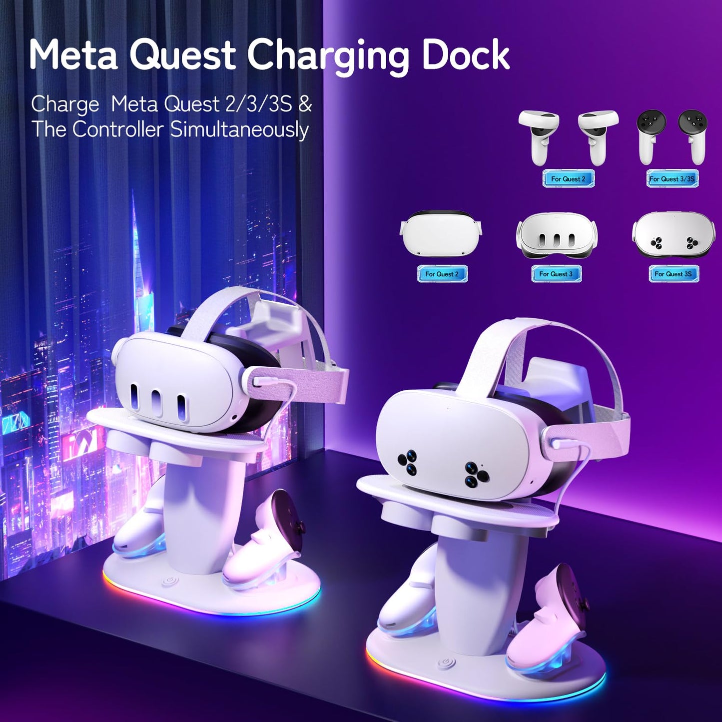 Saqico Fast Charging Dock for Meta Quest 2/3/3S VR Headset & Controllers, RGB Station with 2 Rechargeable Batteries & UL Adapter