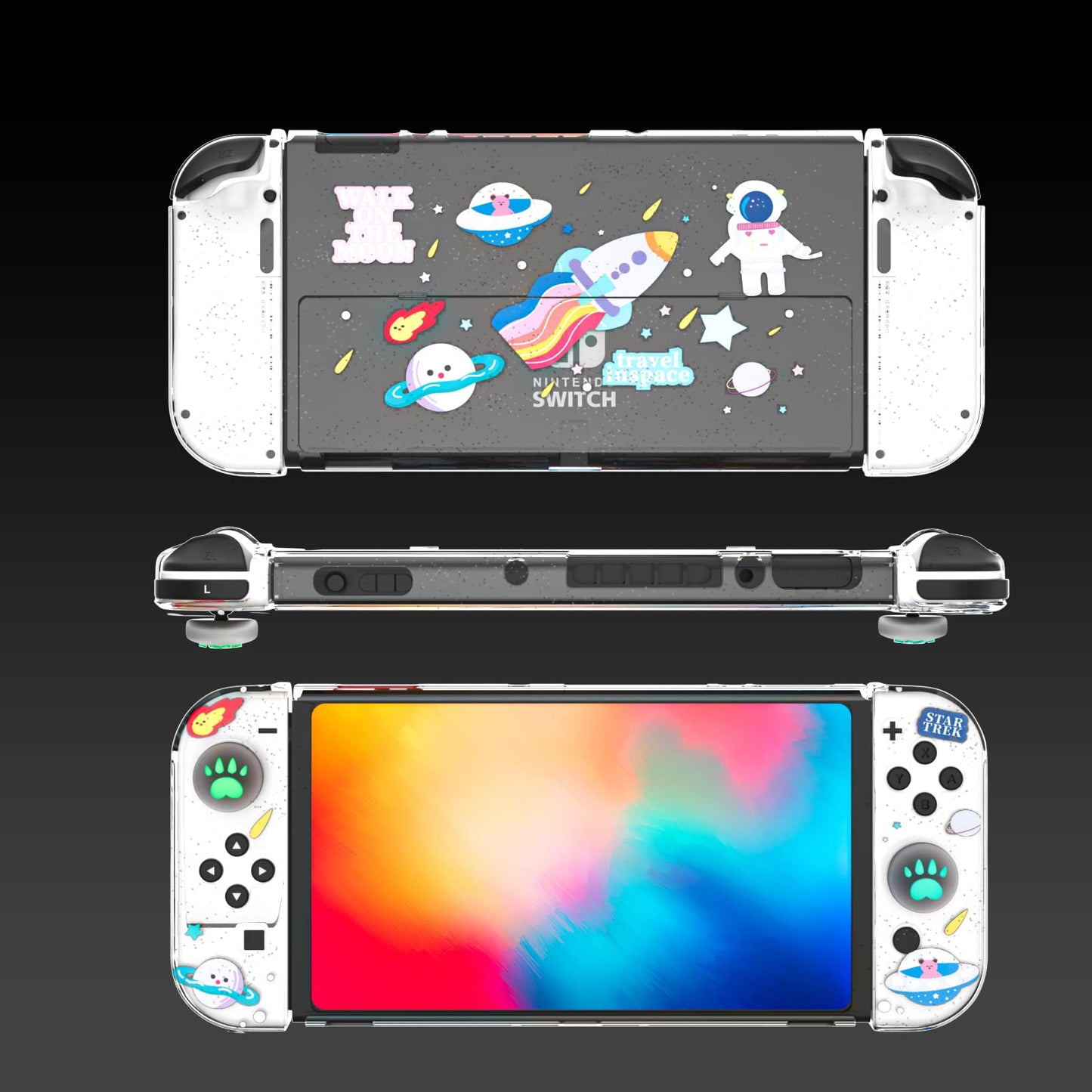 NANANINO Switch OLED Protective Case with Tempered Glass Screen Protector and Thumb Grips - Clear