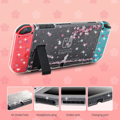 ECHZOVE Switch Clear Glitter Case - Cherry Blossom Design with Cat Pattern, TPU Material, Includes 2 Thumb Grips & Tempered Glass Protector