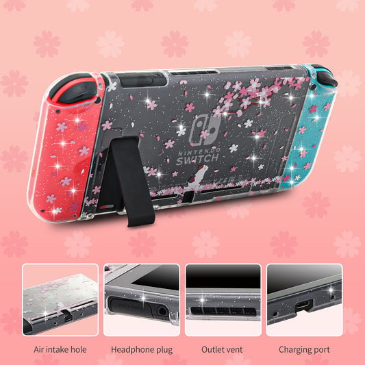 ECHZOVE Switch Clear Glitter Case - Cherry Blossom Design with Cat Pattern, TPU Material, Includes 2 Thumb Grips & Tempered Glass Protector