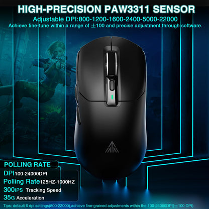 SOLAKAKA SM820 Wireless Gaming Mouse - 24000 DPI, RGB Charging Dock, 2 Side Buttons, Black