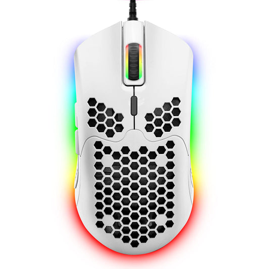 ZIYOU LANG Wired Gaming Mouse, 6 RGB Lights, 6400 DPI, Honeycomb Design, Ultraweave Cable, Lightweight, White