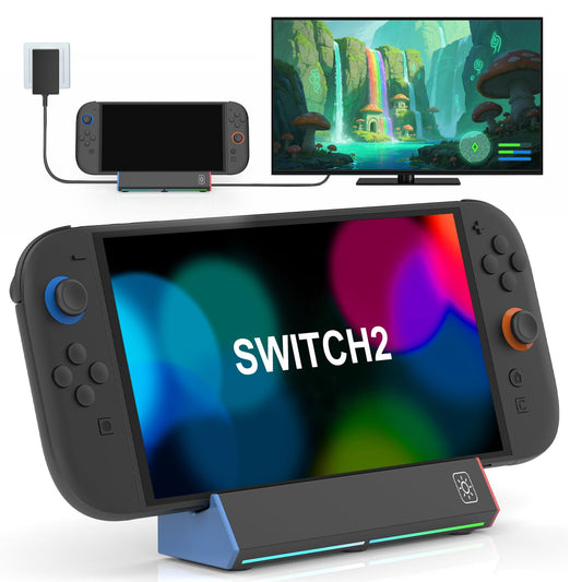 Paobas TV Dock Station for Nintendo Switch 2 Portable Charging Stand with 4K HDMI/ 2*USB Port/Type C Port/RGB Led Light -Switch 2 TV Docking Station Only