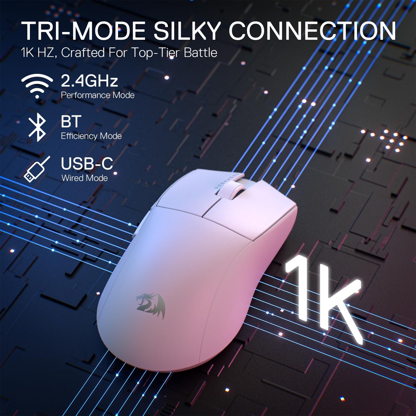 Redragon M916 PRO Wireless Gaming Mouse - Ultra-Light 49G, 26K DPI, Ergonomic Grip, Full Programmable Buttons, White