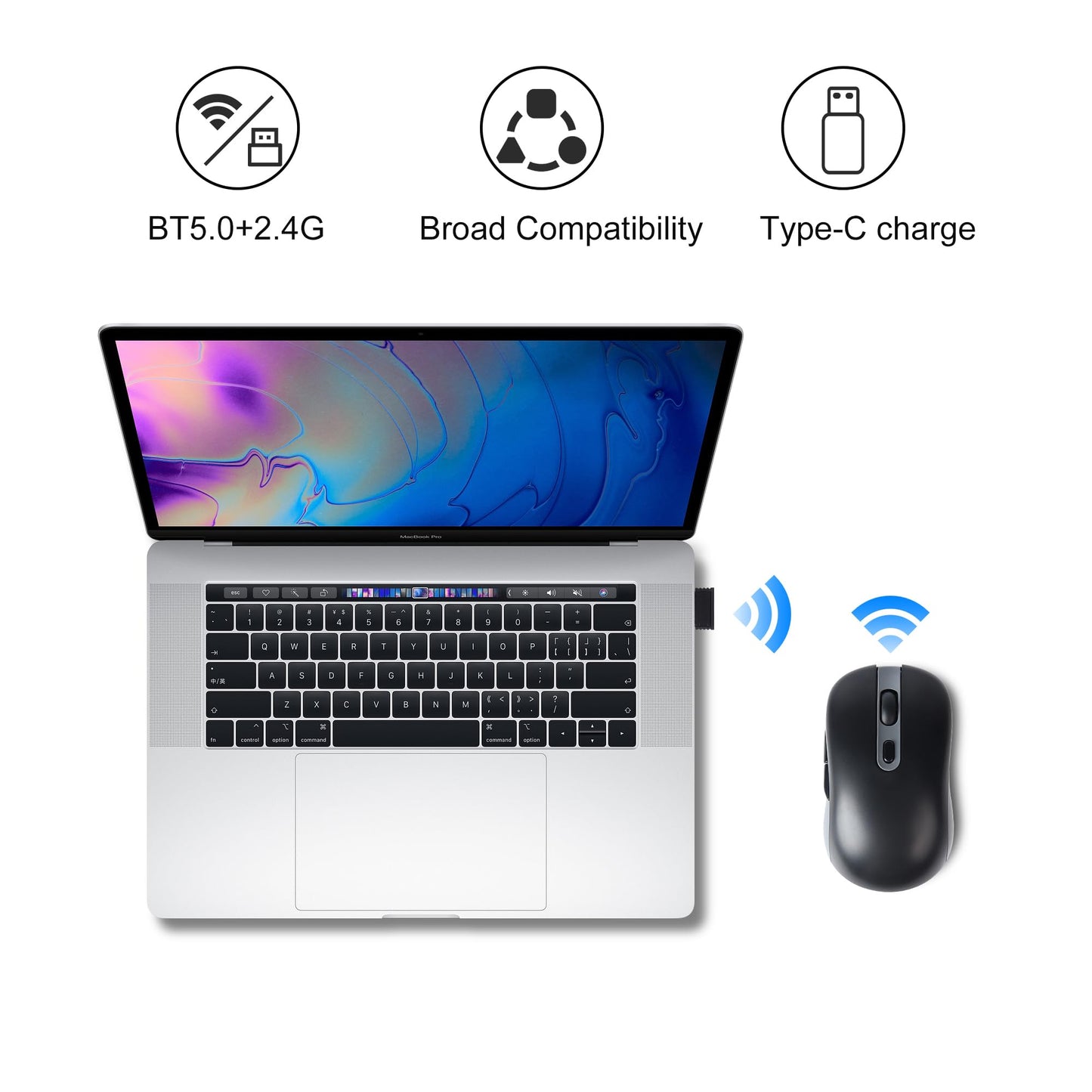 elec Space Wireless Mouse - Dual Mode, Type-C Rechargeable, 2.4G, DPI 800-1200-1600, Connects 3 Devices, Black