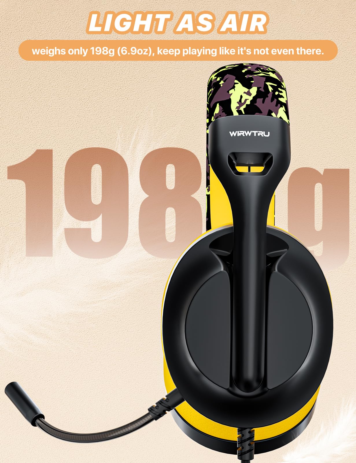WIRWTRU S30 Gaming Headset - Lightweight Wired Headphones, Noise Cancelling Mic, Soft Earmuffs, Yellow, Compatible with Xbox, PS5, PC