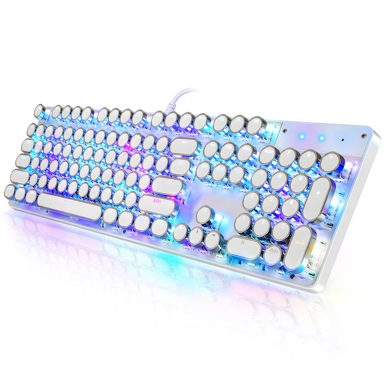 YSCP Typewriter Style Mechanical Gaming Keyboard RGB Backlit Wired with Blue Switch Retro Round Keycap 104 Keys Keyboard (Writertype Keyboard-104keys White)