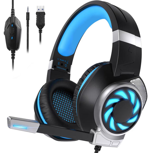 BUTFULAKE Gaming Headset - Noise Cancelling Over Ear Headphones with Mic, Bass Surround, Blue, Compatible with PS4, Xbox One, PC, PS5, Switch