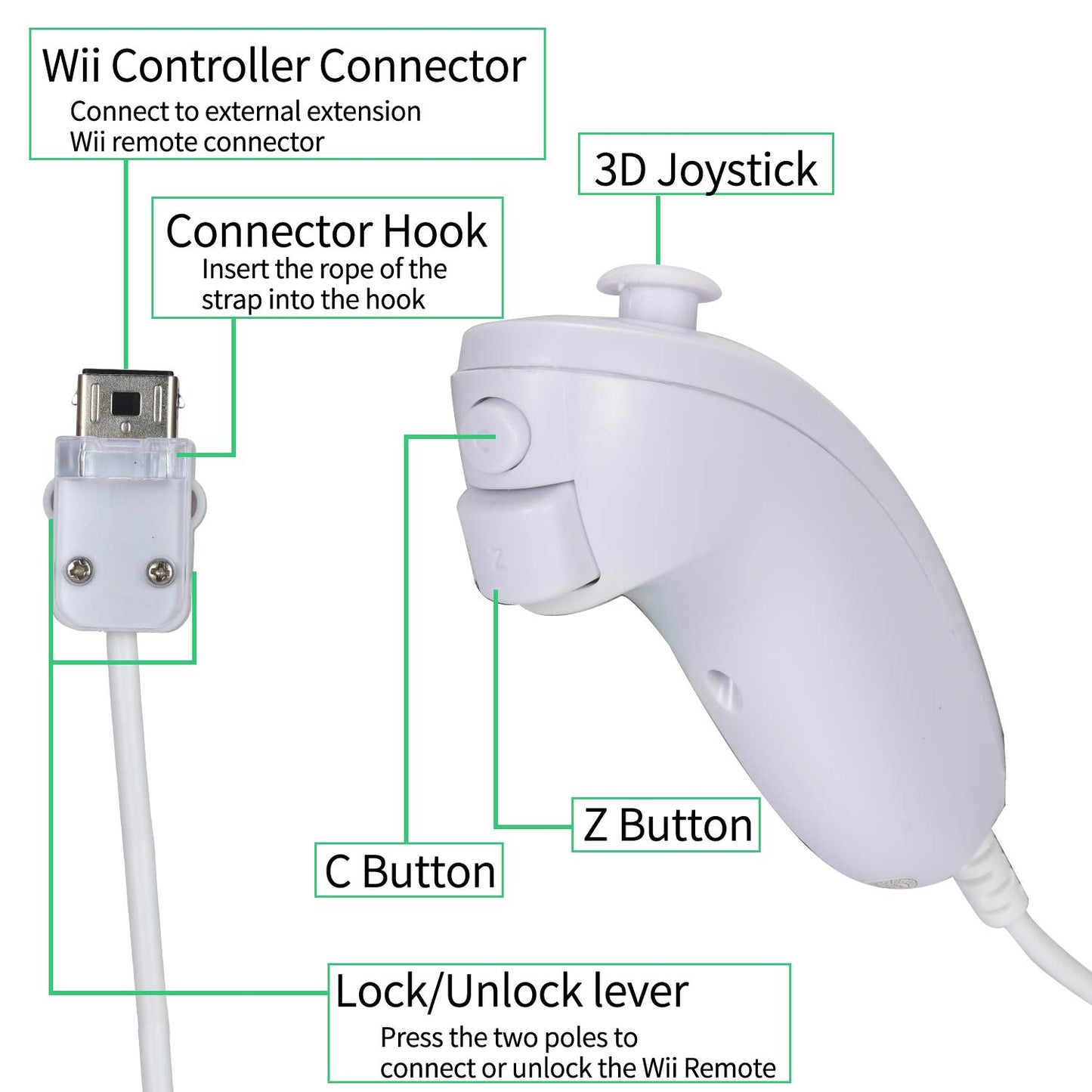 NC Nunchuck Controller Joystick Gamepad Replacement for Wii & Wii U - White (1PCS)