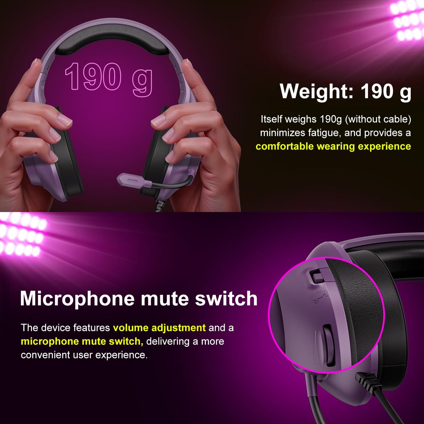 YOTMS Gaming Headset H-7, Wired 7.1 Surround Sound, Noise Cancelling Mic, Purple, Compatible with PS5/PS4/PC/Xbox Series X/S/Switch