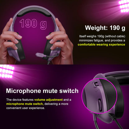 YOTMS Gaming Headset H-7, Wired 7.1 Surround Sound, Noise Cancelling Mic, Purple, Compatible with PS5/PS4/PC/Xbox Series X/S/Switch