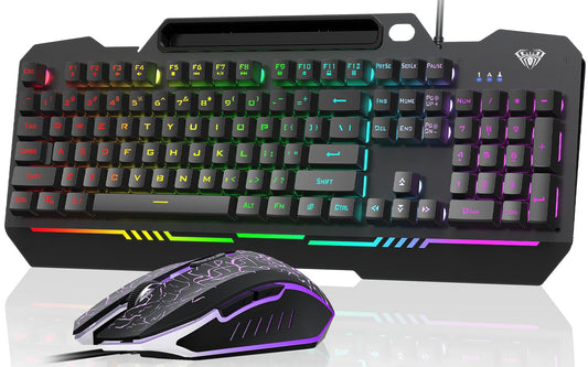AULA Gaming Keyboard  T102 104 Keys Gaming Keyboard and Mouse Combo with RGB Backlit  All-Metal Panel  Anti-Ghosting  PC Game Keyboard and Mouse  USB Wired Keyboard Mouse for MAC Xbox PC Gamers