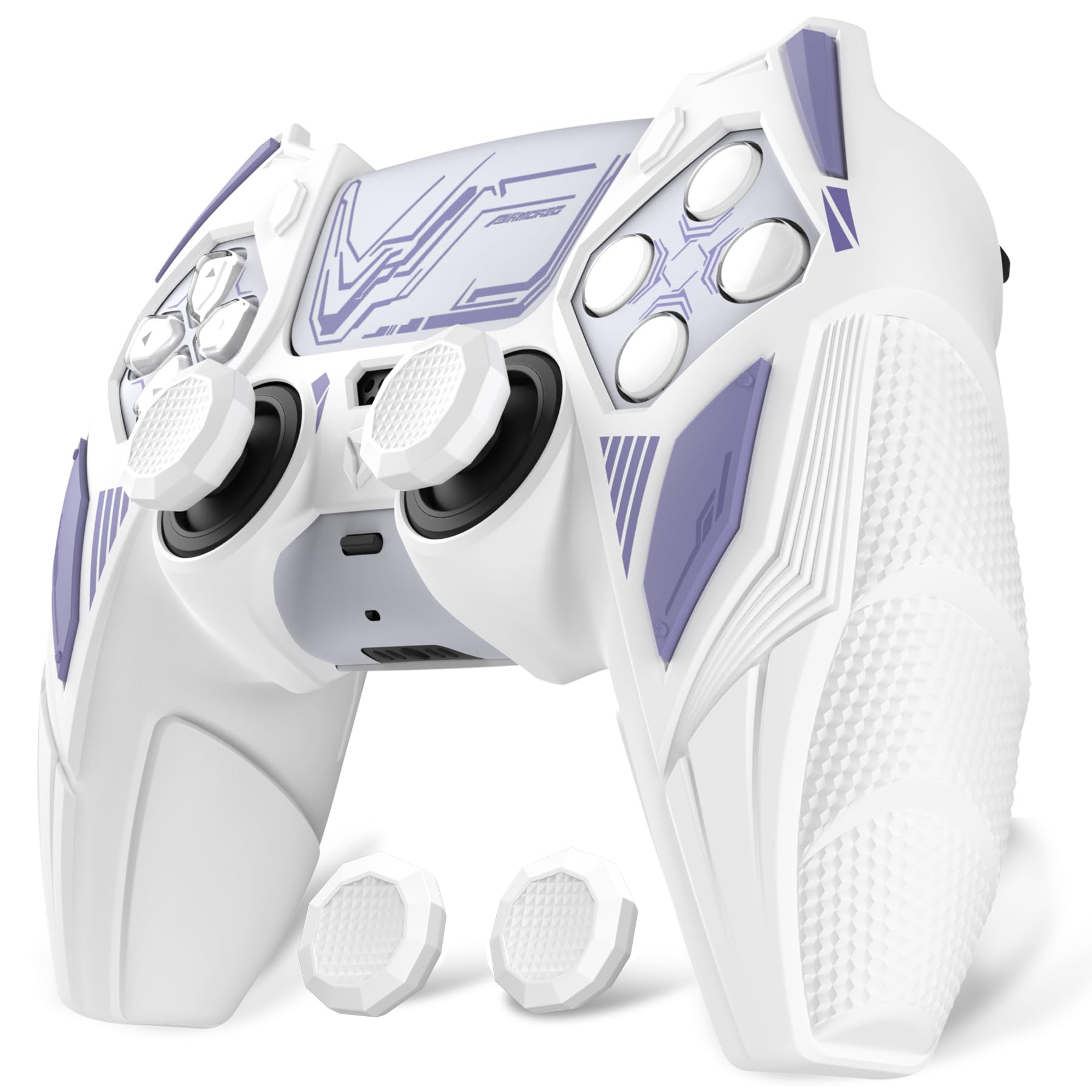 PlayVital Silicone Skin Set for PS5 Controller - Mecha Rhino Design  Anti-Slip Grip Cover Protector Compatible with Charging Dock  with Thumb Grips & Touchpad Sticker - White & Light Violet