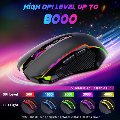 Redragon M910-KS Wireless Gaming Mouse - 8000 DPI, RGB Backlit, Ergonomic Design, Rechargeable, Black