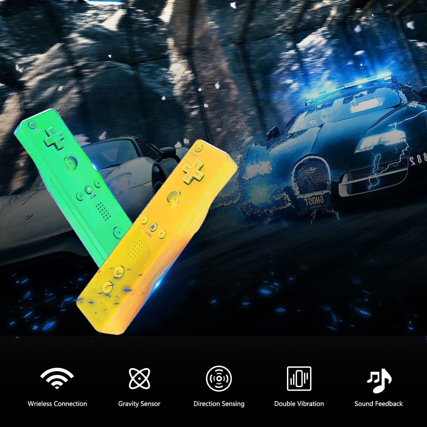 Arrocent Wireless Wii Controller & Nunchuck - Yellow & Green with Silicone Case & Wrist Strap