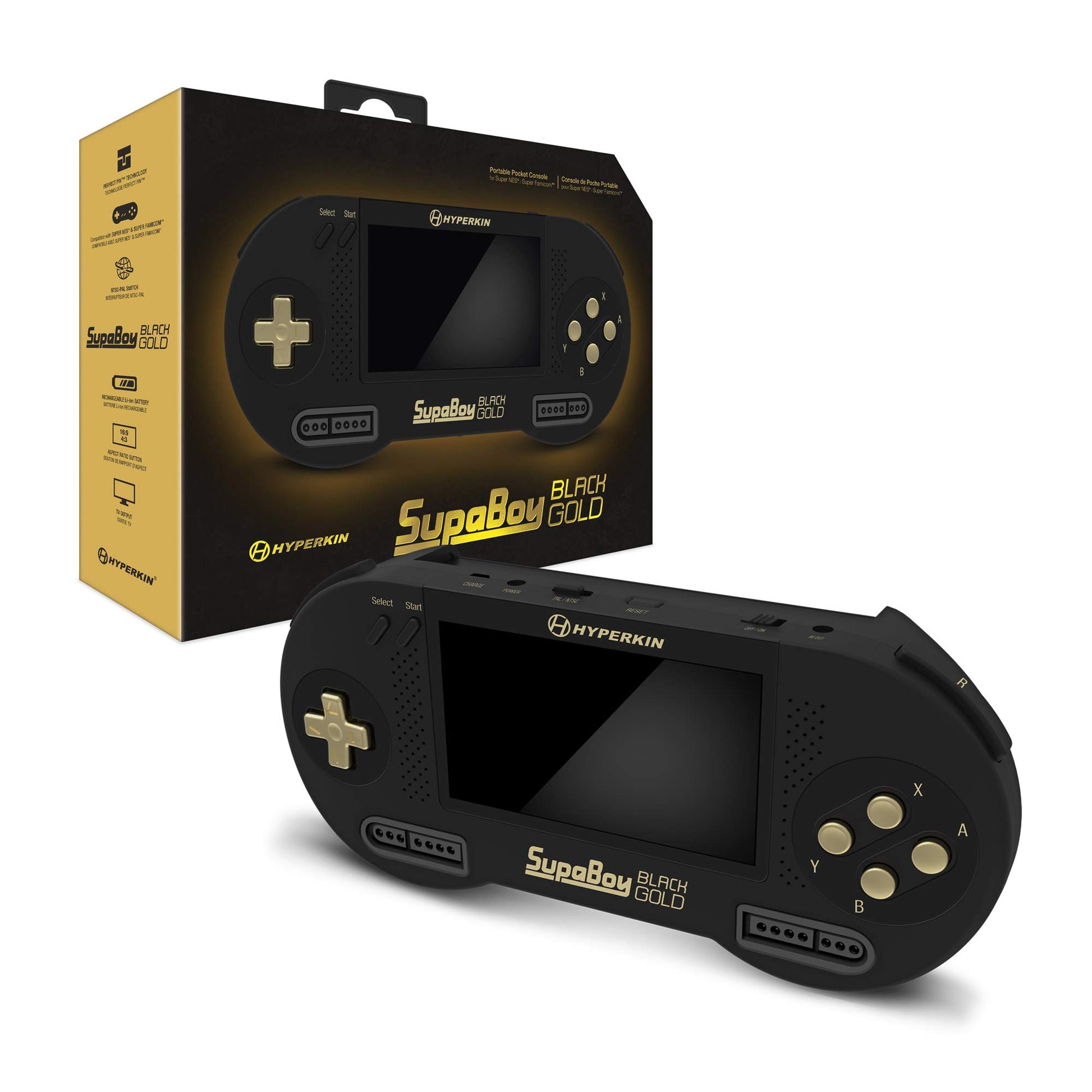 Hyperkin SupaBoy Portable Console for Super NES - Black/Gold, Model SUPABOY-S-BKGD