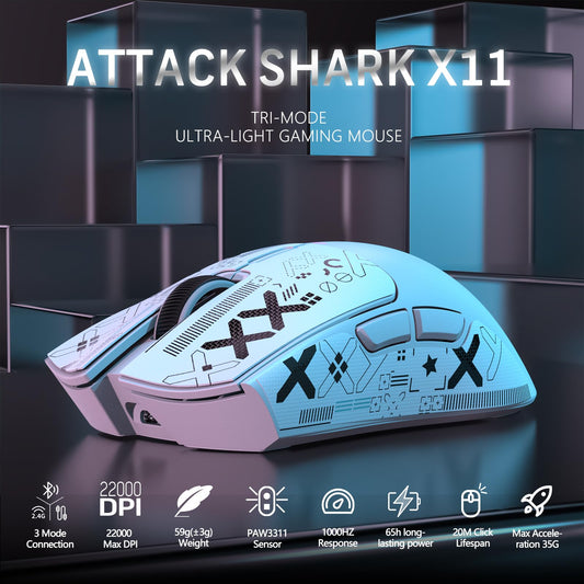 MAGIC-REFINER Attack Shark X11 Wireless Gaming Mouse, 22000 DPI, RGB Dock, White & Griptape, 5 Programmable Buttons for PC/Mac