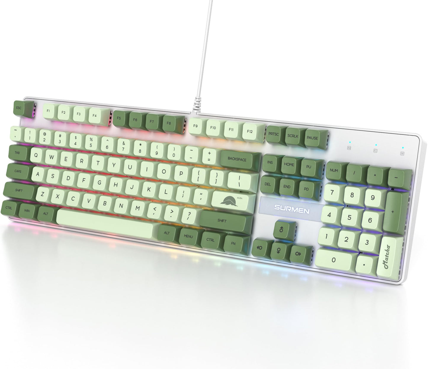 Fogruaden Mechanical Keyboard  Green Matcha  Wired USB 104 Key RGB Backlit Gaming Keyboard with Number Pad  Red Switches  NKRO for Windows Laptop PC Gamer