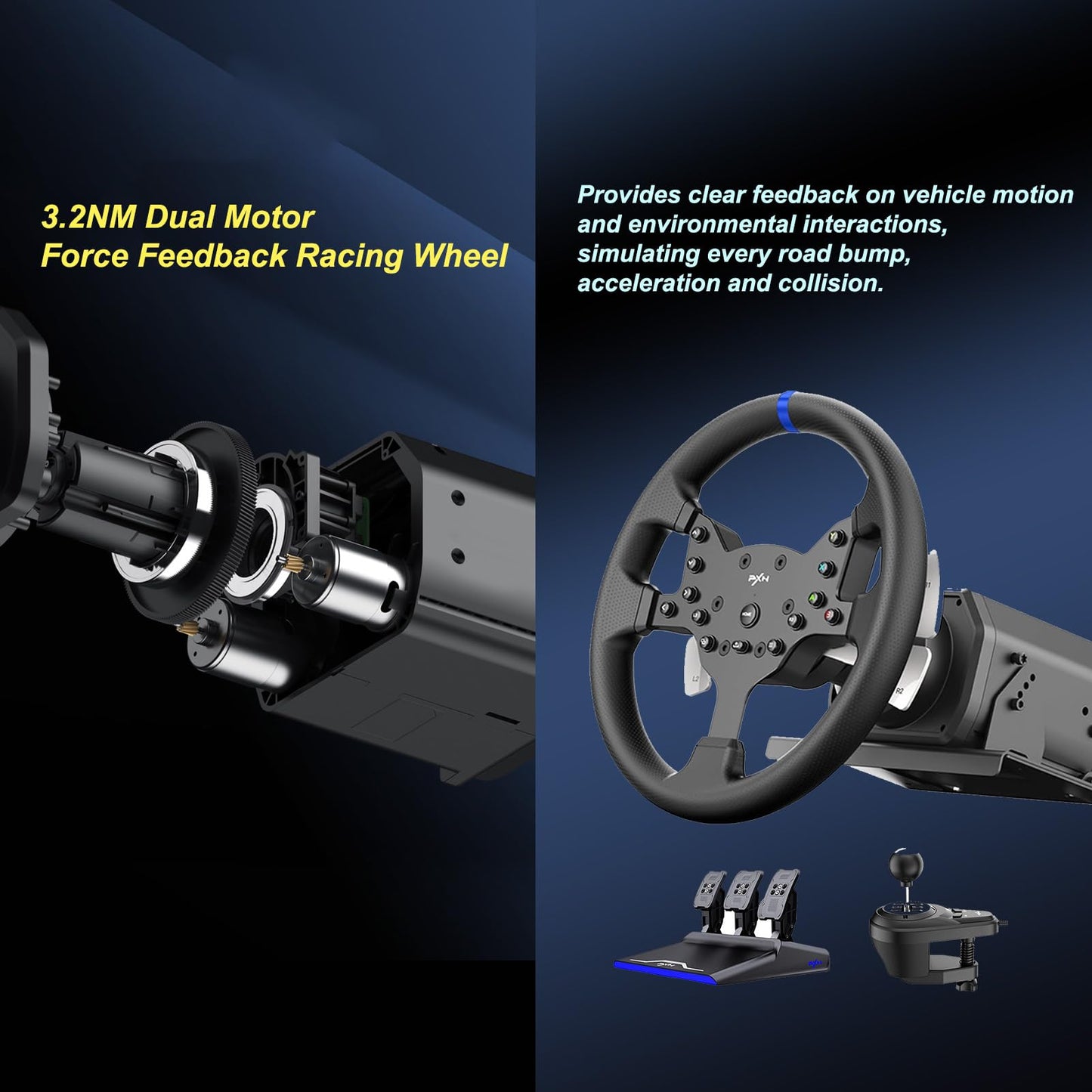 PXN V99 Force Feedback Racing Wheel with Pedals & Shifter for PC, PS4, Xbox - 270/900° Detachable, Black, 13.28 x 11.82