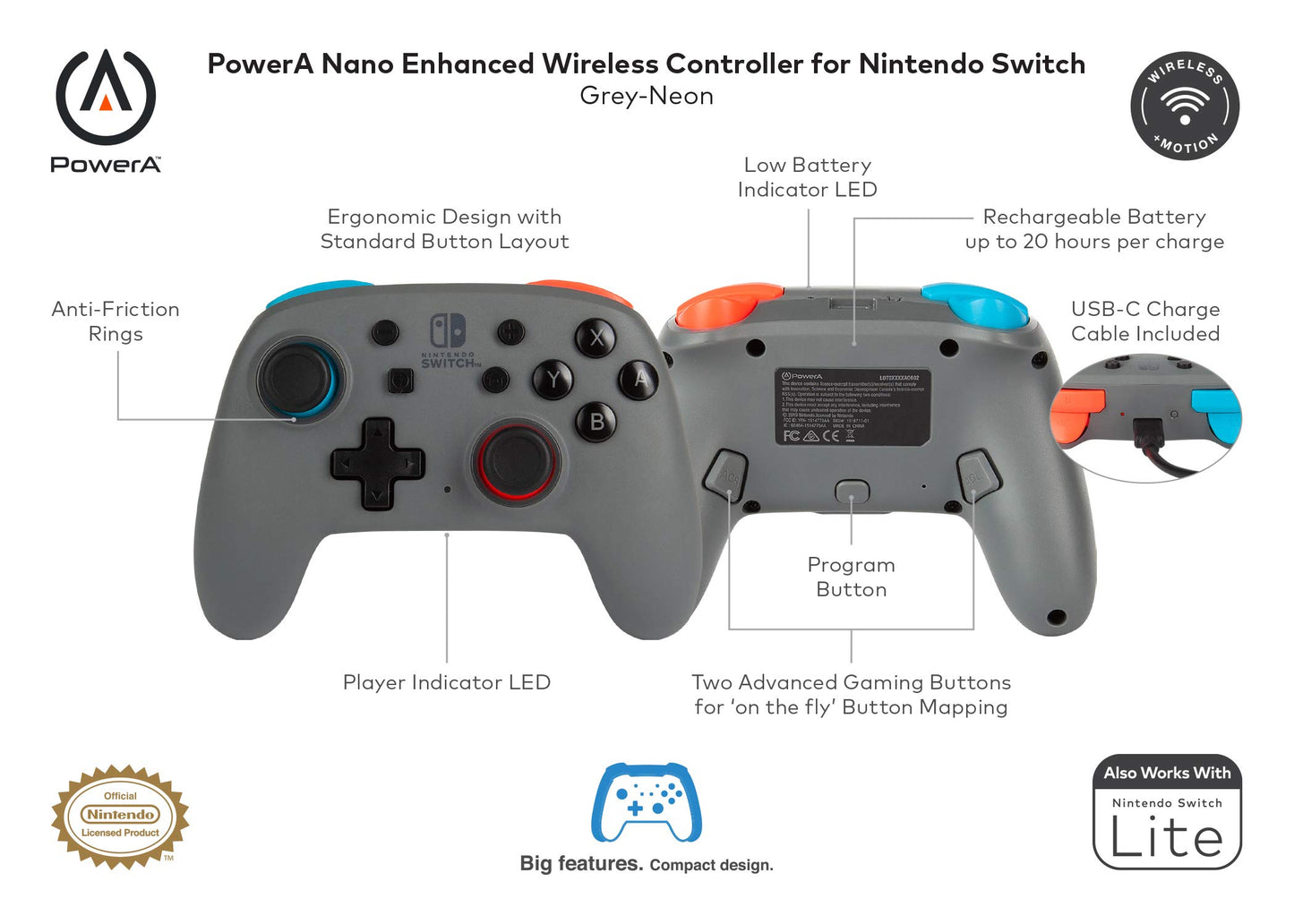 PowerA Nano Enhanced Wireless Controller for Nintendo Switch - Grey-Neon, Compact & Rechargeable Gamepad, Works with Switch Lite
